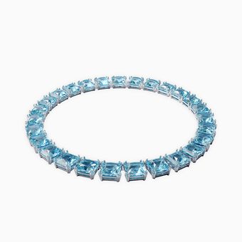 Millenia necklace, Square cut crystals, Blue, Rhodium plated